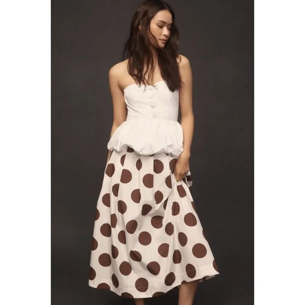 Maeve Cotton Poplin Pleated Midi Skirt White Brown Polka Dot XL - Picture 3 of 3